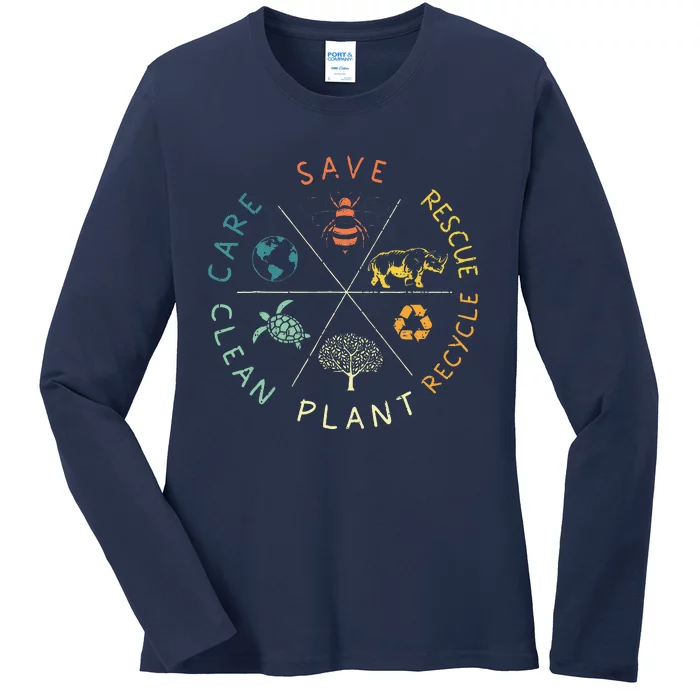 Save Bees Rescue Animals Recycle Plastic Earth Day Vintage Ladies Long Sleeve Shirt