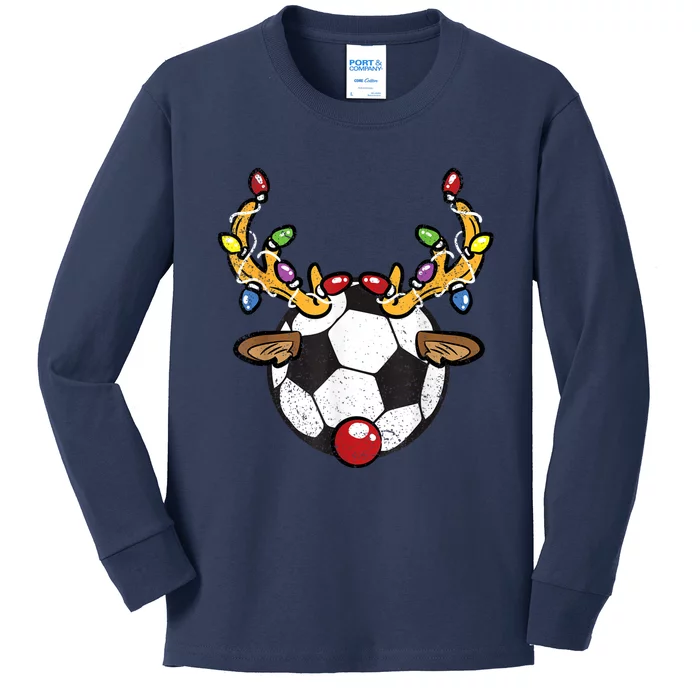 Soccer Ball Reindeer Christmas Pajama Xmas Lights Sport Kids Long Sleeve Shirt