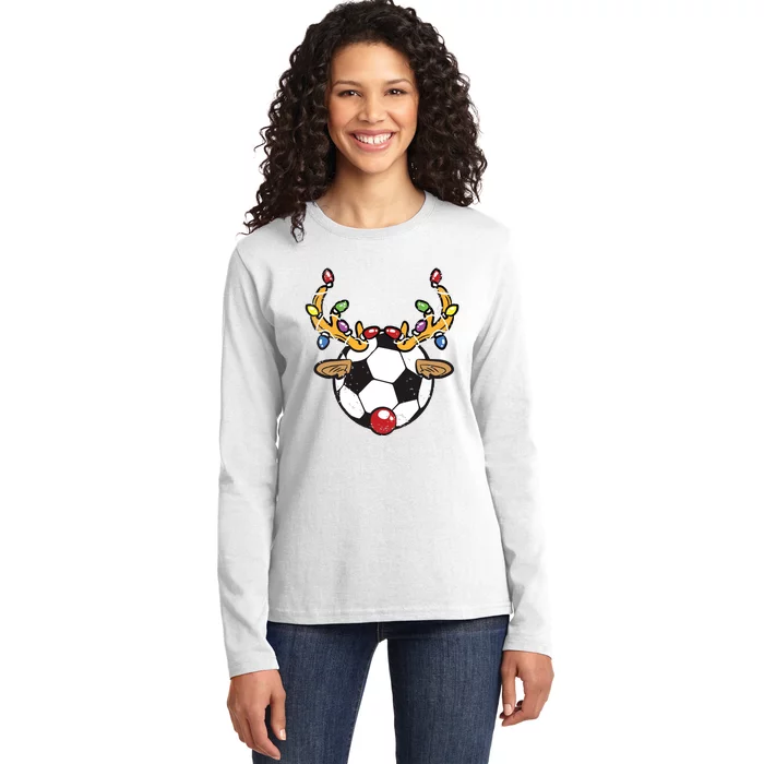 Soccer Ball Reindeer Christmas Pajama Xmas Lights Sport Ladies Long Sleeve Shirt