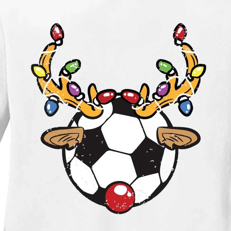 Soccer Ball Reindeer Christmas Pajama Xmas Lights Sport Ladies Long Sleeve Shirt