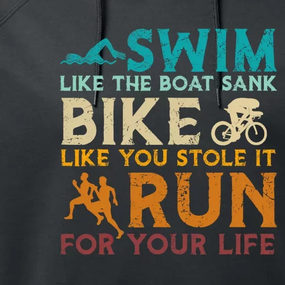 Swim Bike Run Funny Triathlon Performance Fleece Hoodie