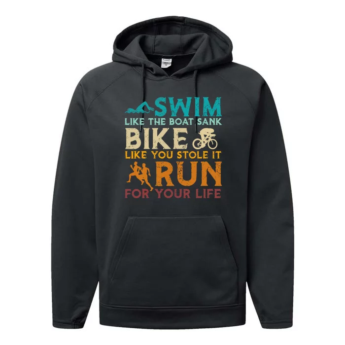 Swim Bike Run Funny Triathlon Performance Fleece Hoodie