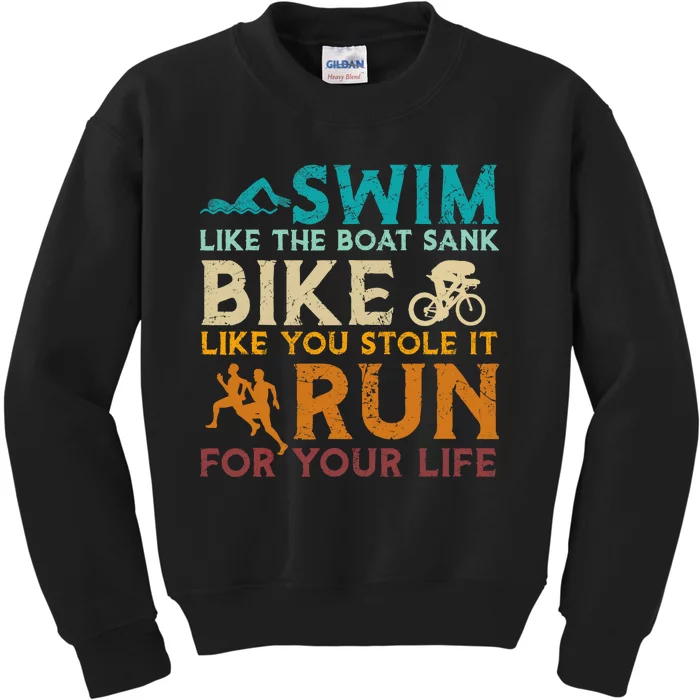 Swim Bike Run Funny Triathlon Kids Sweatshirt