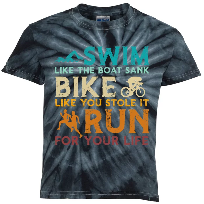 Swim Bike Run Funny Triathlon Kids Tie-Dye T-Shirt