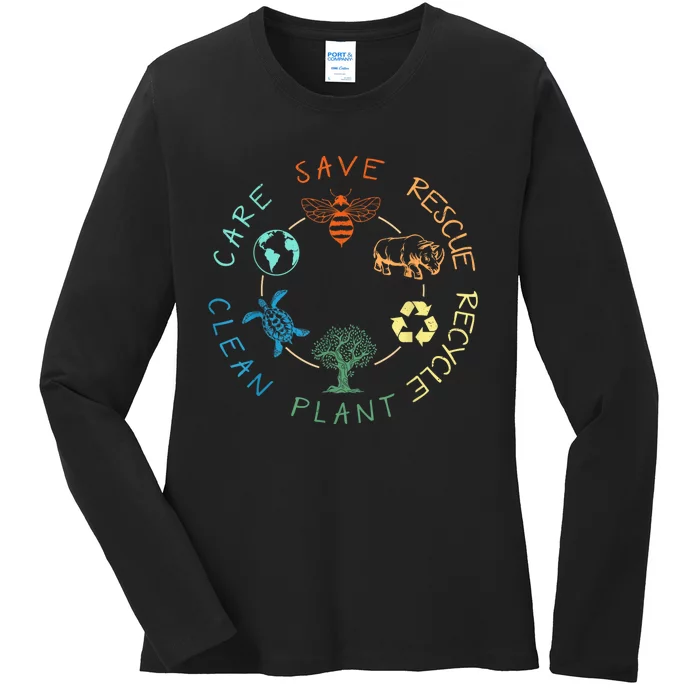 Save Bees Rescue Animals Recycle Plastic Earth Day 2024 Ladies Long Sleeve Shirt