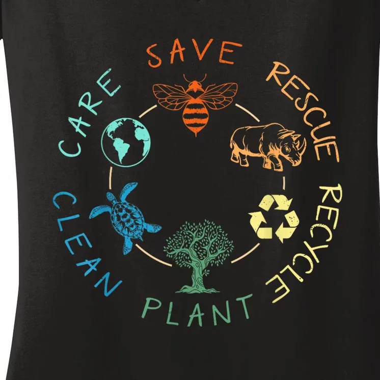 Save Bees Rescue Animals Recycle Plastic Earth Day 2024 Women's V-Neck T-Shirt