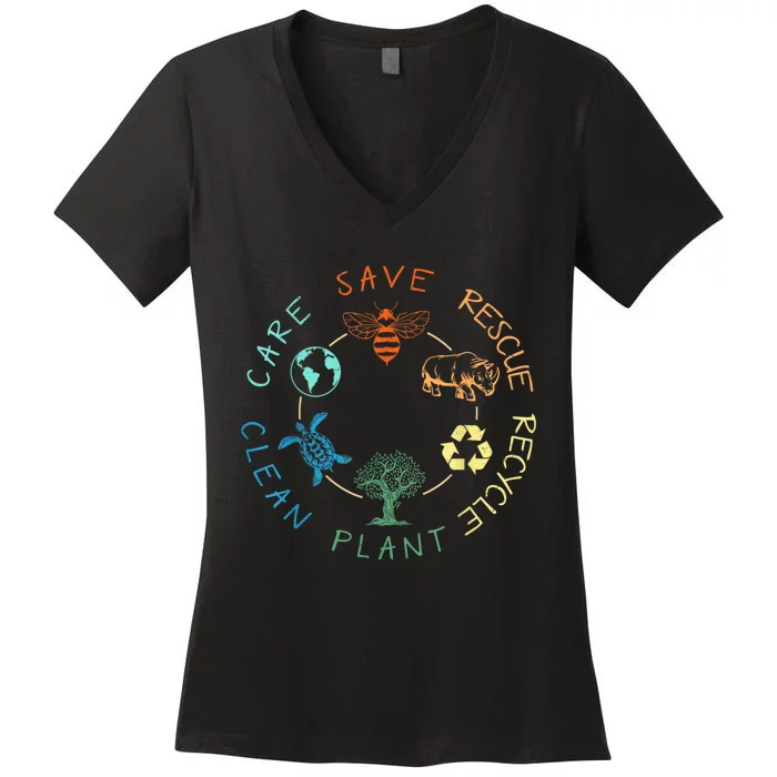 Save Bees Rescue Animals Recycle Plastic Earth Day 2024 Women's V-Neck T-Shirt