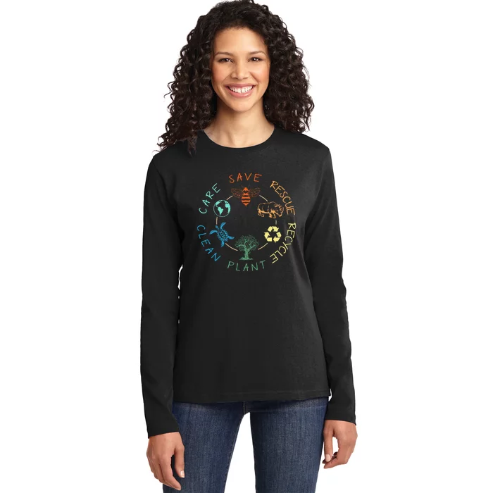 Save Bees Rescue Animals Recycle Plastic Earth Day 2024 Ladies Long Sleeve Shirt