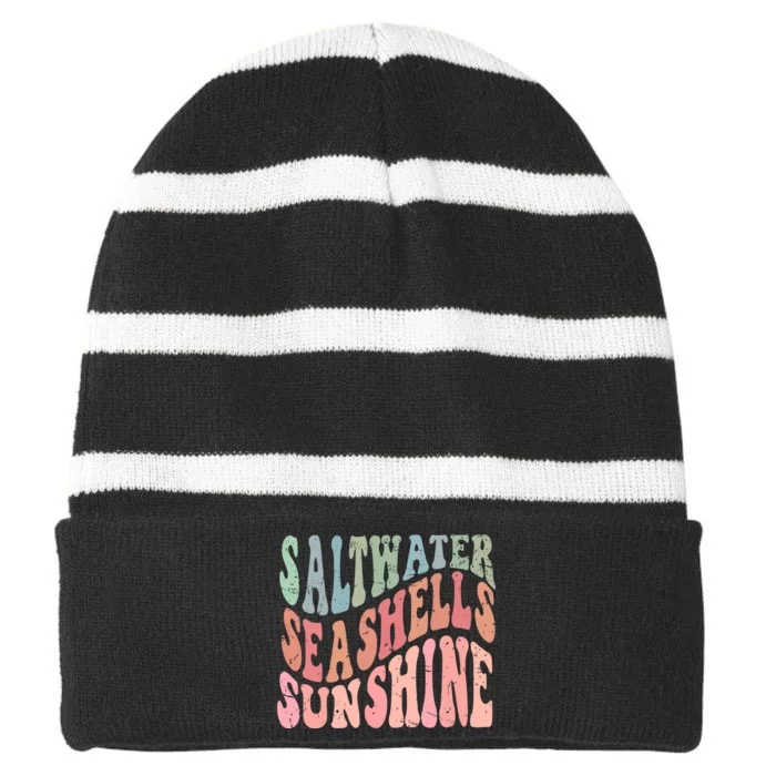 Summer Beach Retro Style Saltwater Seashells Sunshine Striped Beanie with Solid Band