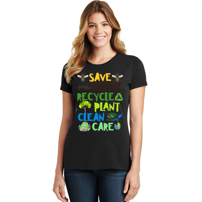 Save Bees Rescue Animals Recycle Plastict Earth Day Women's T-Shirt