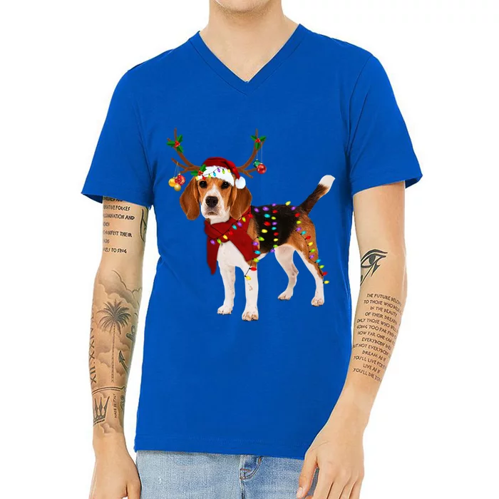 Santa Beagle Reindeer Light Christmas Gift V-Neck T-Shirt