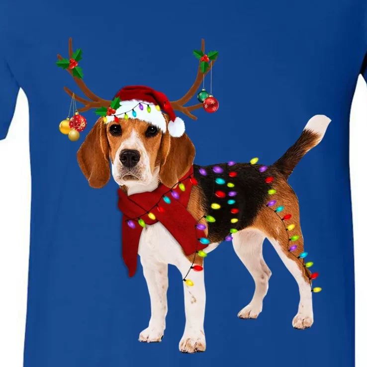 Santa Beagle Reindeer Light Christmas Gift V-Neck T-Shirt