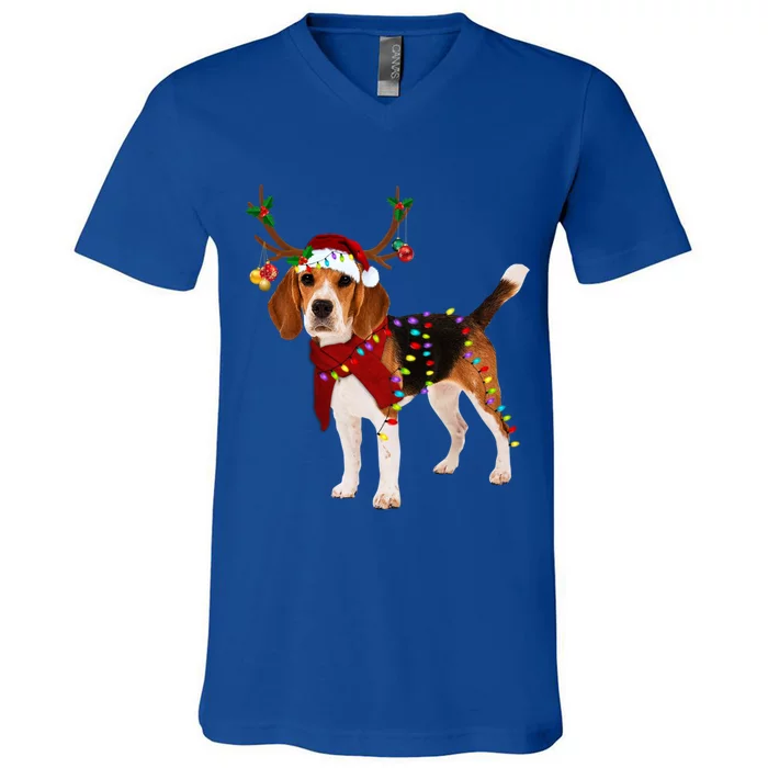 Santa Beagle Reindeer Light Christmas Gift V-Neck T-Shirt