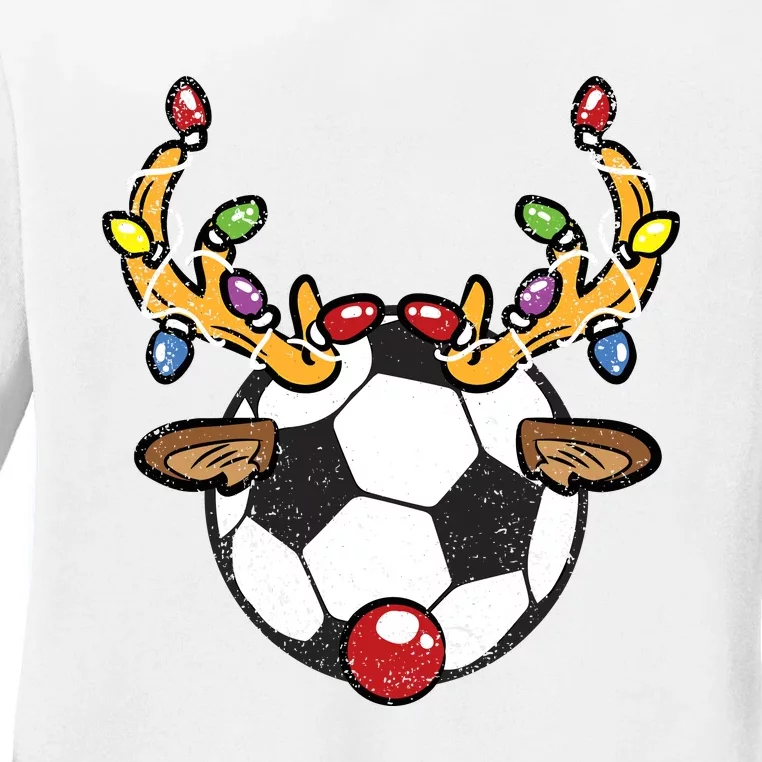 Soccer Ball Reindeer Christmas Pajama Xmas Lights Sport Ladies Long Sleeve Shirt