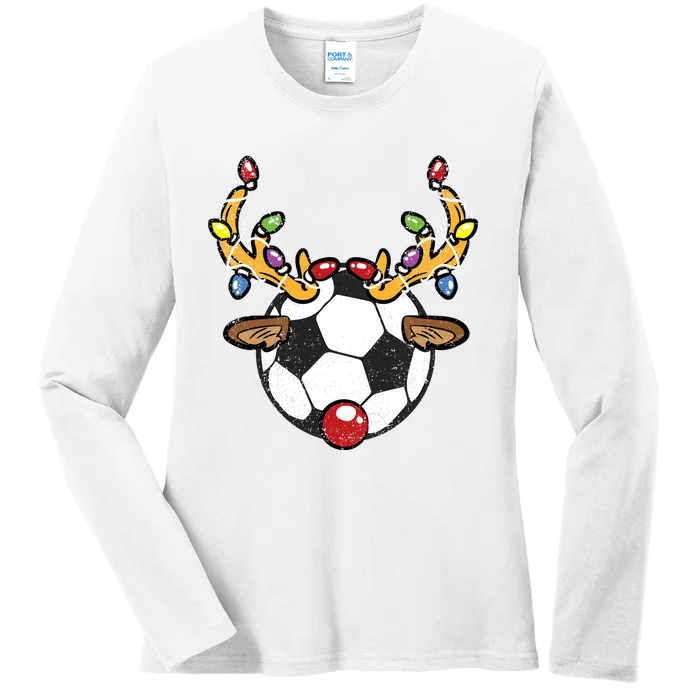 Soccer Ball Reindeer Christmas Pajama Xmas Lights Sport Ladies Long Sleeve Shirt