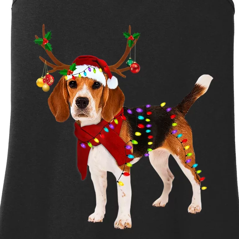 Santa Beagle Reindeer Light Christmas TShirt Ladies Essential Tank