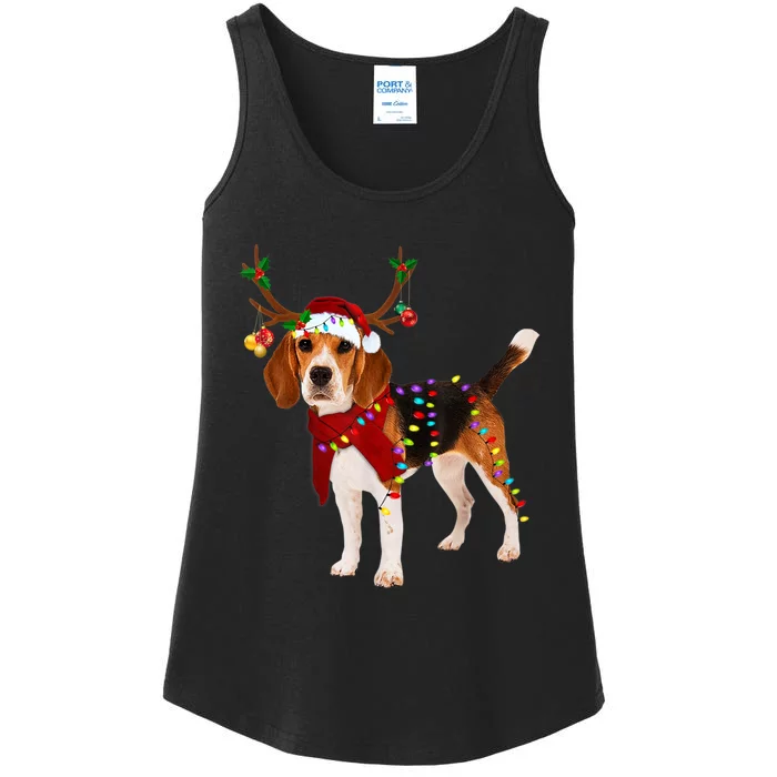 Santa Beagle Reindeer Light Christmas TShirt Ladies Essential Tank