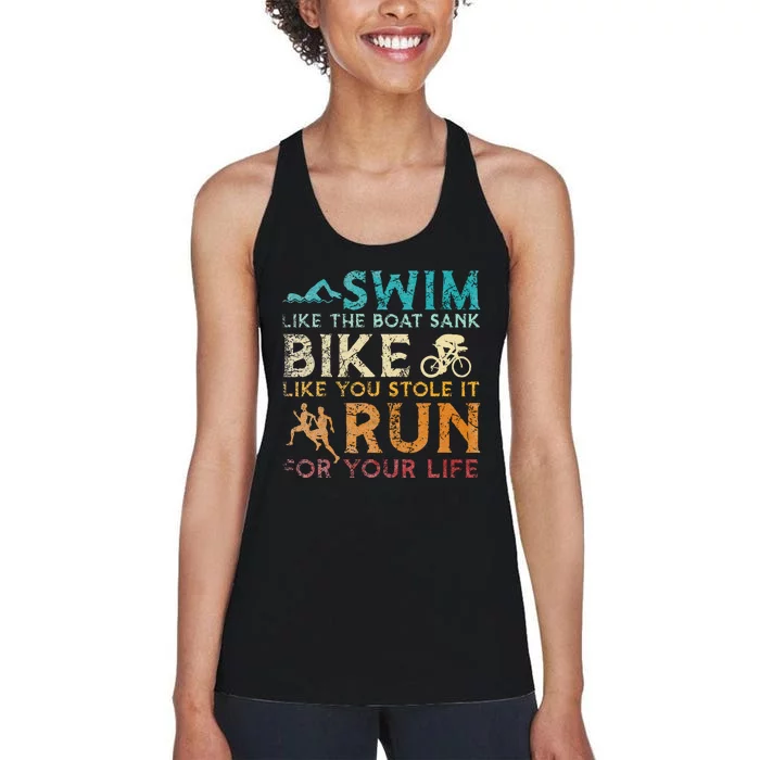 Swim Bike Run Funny Triathlon Women's Racerback Tank