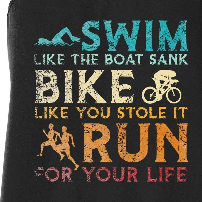 Swim Bike Run Funny Triathlon Women's Racerback Tank