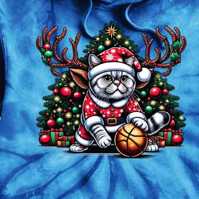 Santa British Shorthair Cat Play Basketball Christmas Funny Gift Tie Dye Hoodie