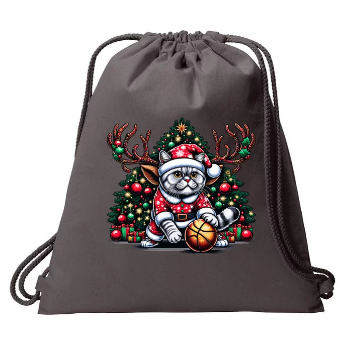 Santa British Shorthair Cat Play Basketball Christmas Funny Gift Drawstring Bag