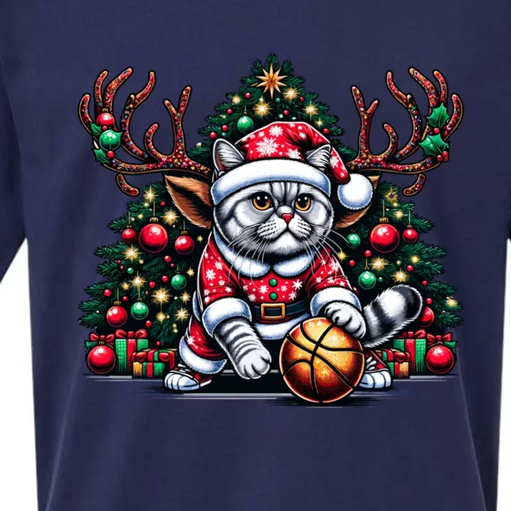 Santa British Shorthair Cat Play Basketball Christmas Funny Gift Sueded Cloud Jersey T-Shirt