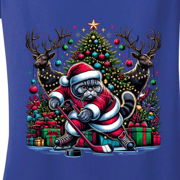 Santa British Shorthair Cat Playing Hockey Cool Gift Women's V-Neck T-Shirt