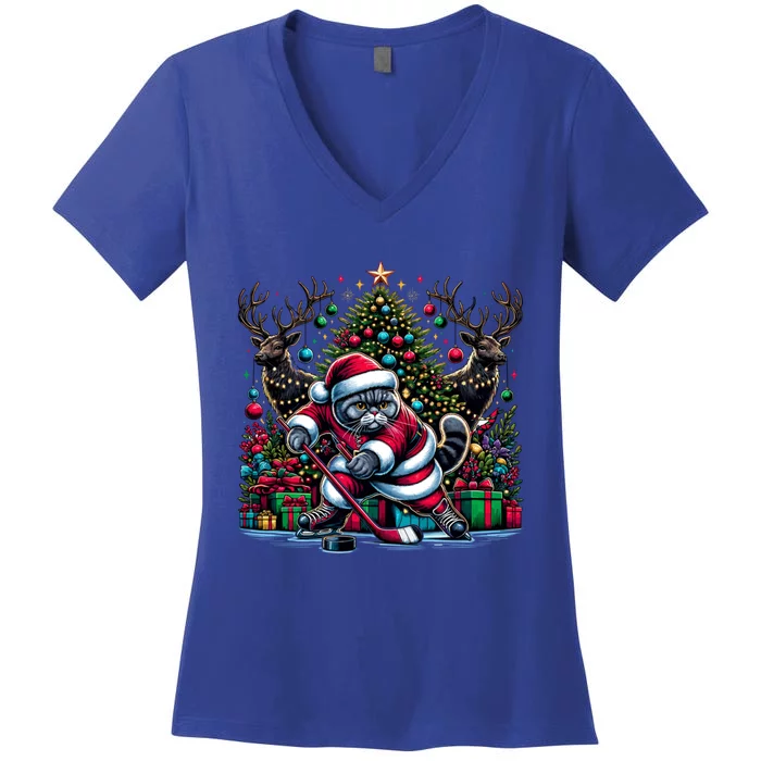 Santa British Shorthair Cat Playing Hockey Cool Gift Women's V-Neck T-Shirt