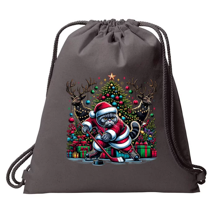 Santa British Shorthair Cat Playing Hockey Cool Gift Drawstring Bag