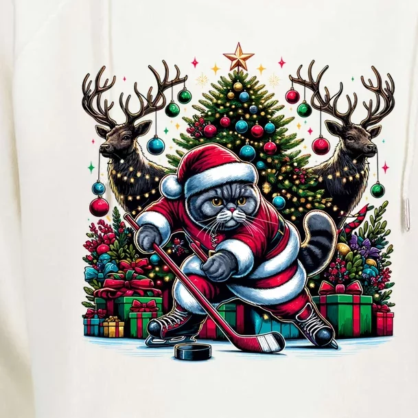 Santa British Shorthair Cat Playing Hockey Gift Womens Funnel Neck Pullover Hood