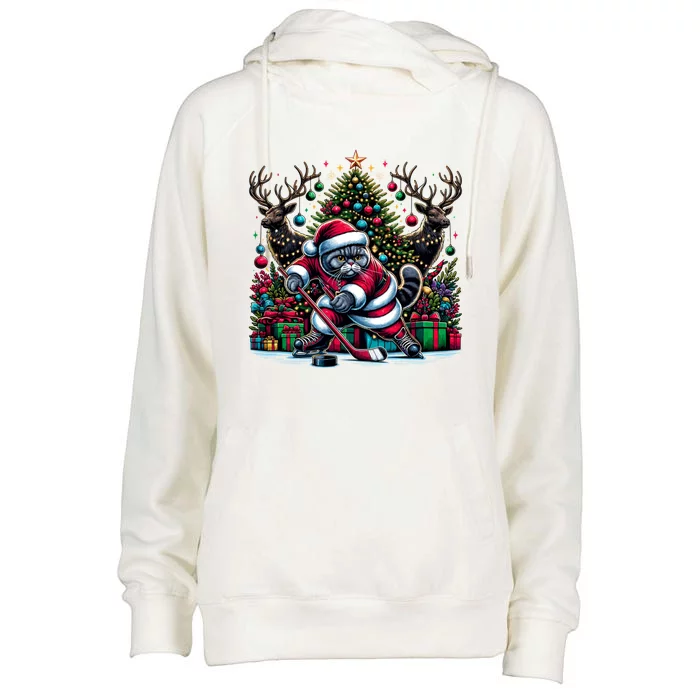 Santa British Shorthair Cat Playing Hockey Gift Womens Funnel Neck Pullover Hood