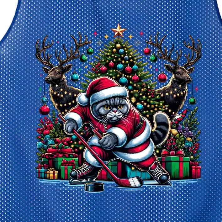 Santa British Shorthair Cat Playing Hockey Gift Mesh Reversible Basketball Jersey Tank