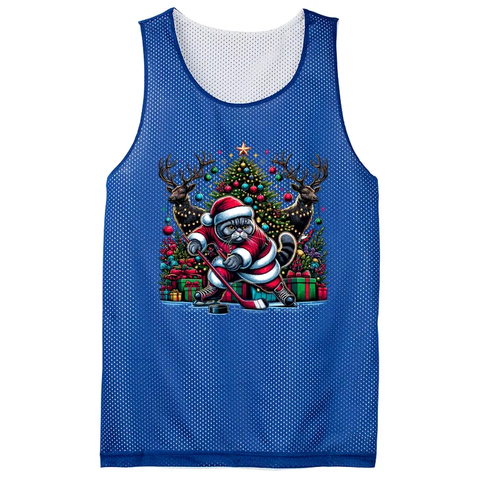 Santa British Shorthair Cat Playing Hockey Gift Mesh Reversible Basketball Jersey Tank