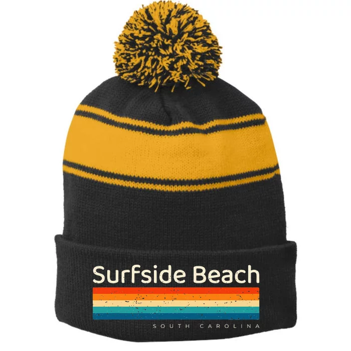 Surfside Beach Sc South Carolina Retro Design Stripe Pom Pom Beanie