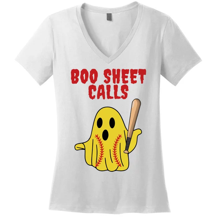 Softball Boo Sheet Calls Halloween Women's V-Neck T-Shirt