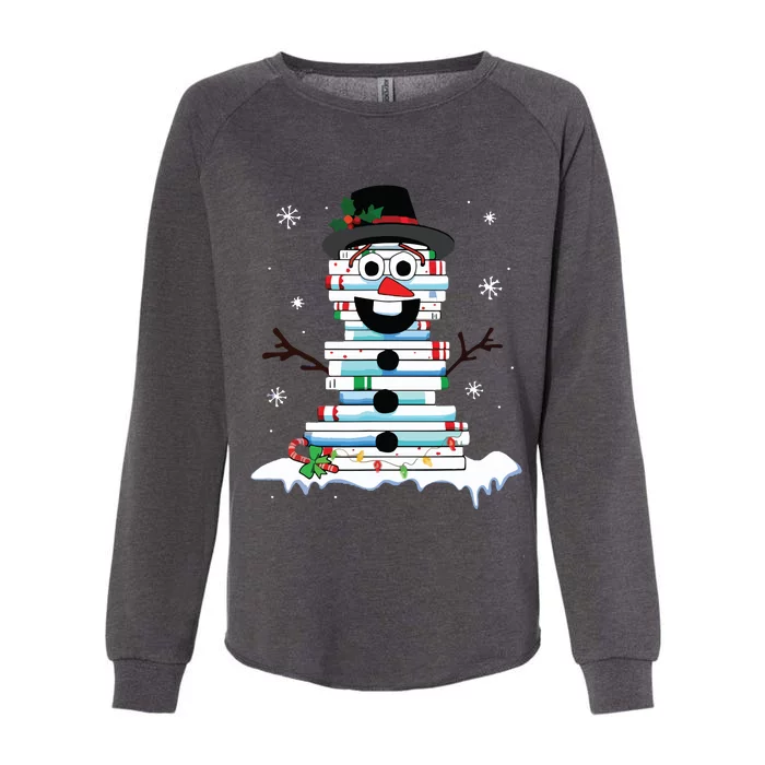 Snowman Book Stack Librarian Book Lover Christmas Womens California Wash Sweatshirt