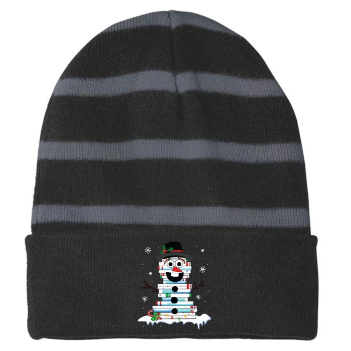 Snowman Book Stack Librarian Book Lover Christmas Striped Beanie with Solid Band