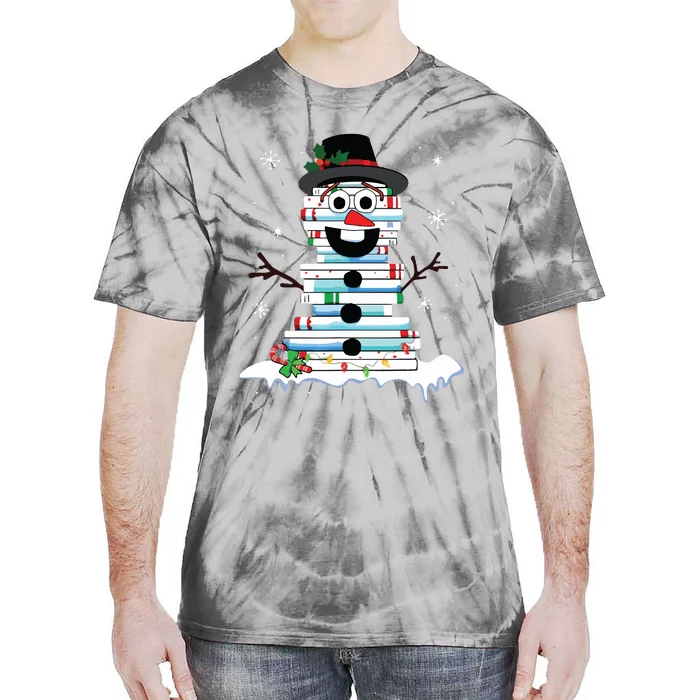 Snowman Book Stack Librarian Book Lover Christmas Tie-Dye T-Shirt