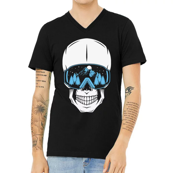 Ski Boarding Skull V-Neck T-Shirt