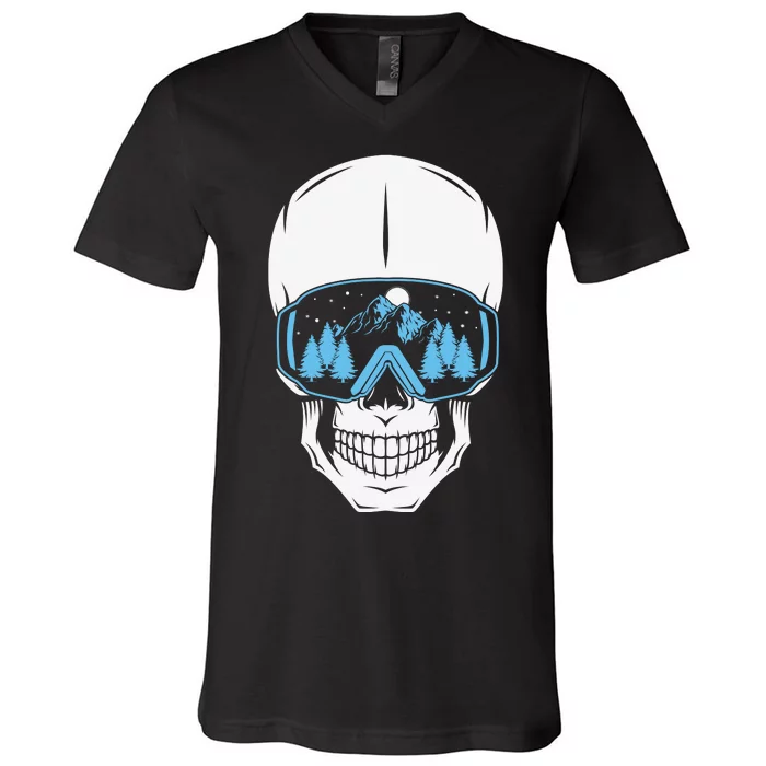 Ski Boarding Skull V-Neck T-Shirt