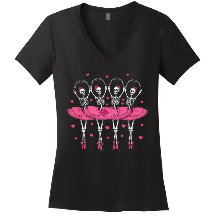 Spooky Ballerina Skeleton Dance Funny Halloween Ballet Women's V-Neck T-Shirt