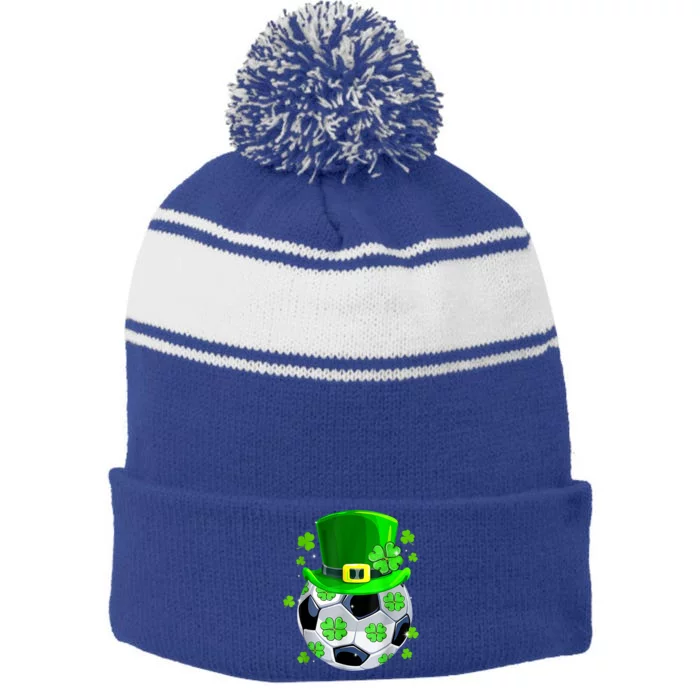 Soccer Ball Shamrock Funny Irish St Patrick Day Stripe Pom Pom Beanie