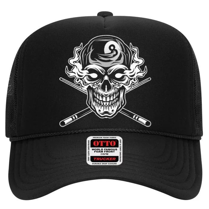 Skull Billiards Snooker Billiard 8 Ball Player Cue Sports High Crown Mesh Trucker Hat