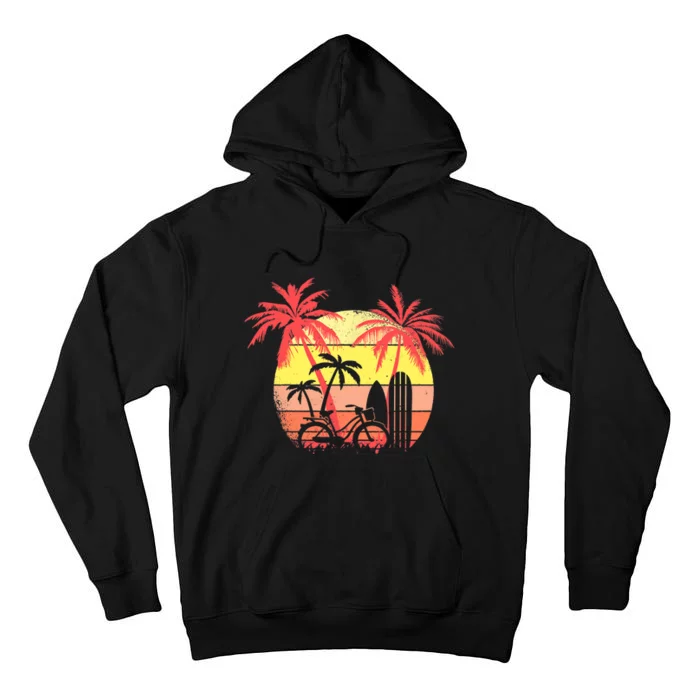 Summer Bike Surf Board Palm Summer Sunset 80s Palm Tall Hoodie