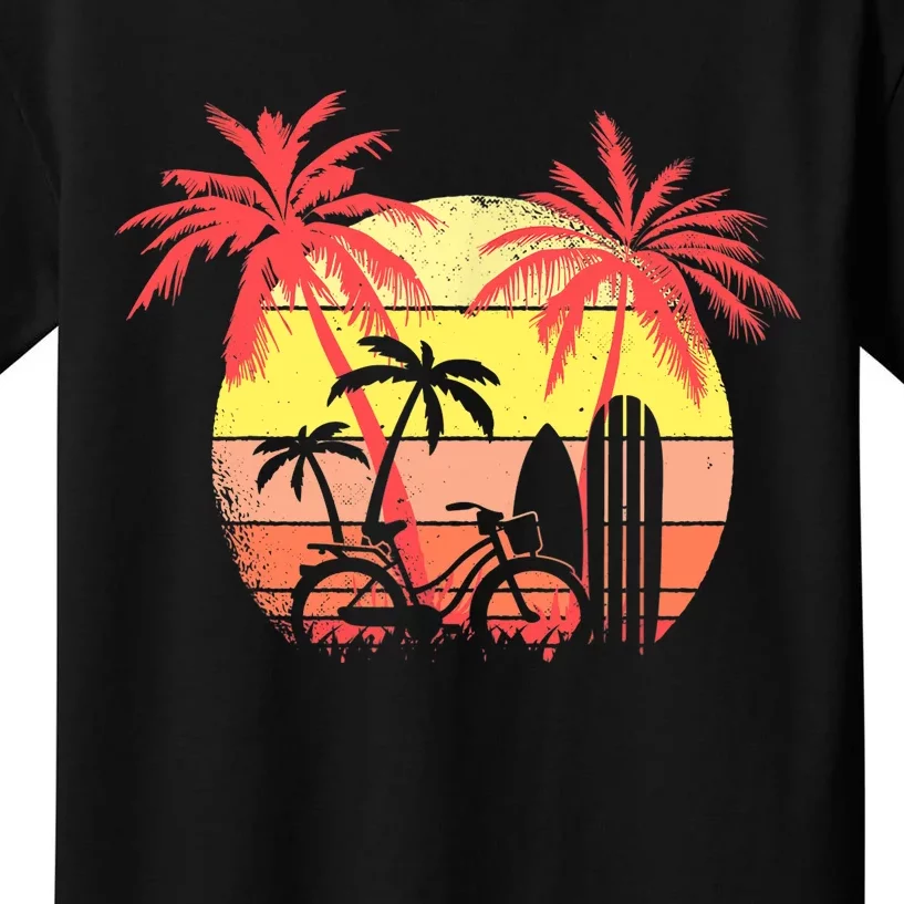 Summer Bike Surf Board Palm Summer Sunset 80s Palm Kids T-Shirt