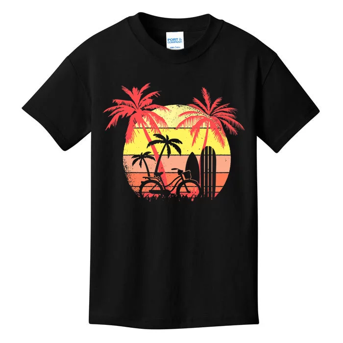 Summer Bike Surf Board Palm Summer Sunset 80s Palm Kids T-Shirt