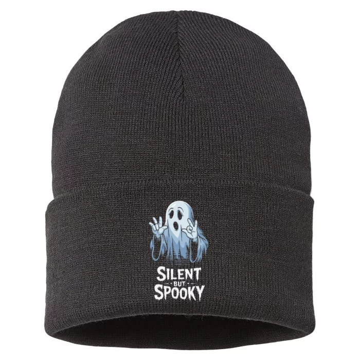 Silent But Spooky Ghost Design For Halloween Lovers Sustainable Knit Beanie