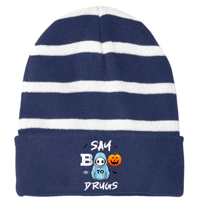 Say Boo To Drugs Funny Halloween Red Ribbon Week Awareness Striped Beanie with Solid Band