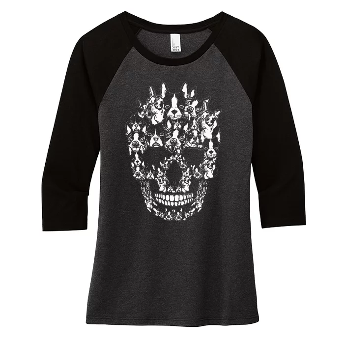 Spooky Boston Terrier Dog Halloween Skull Costumes Women's Tri-Blend 3/4-Sleeve Raglan Shirt