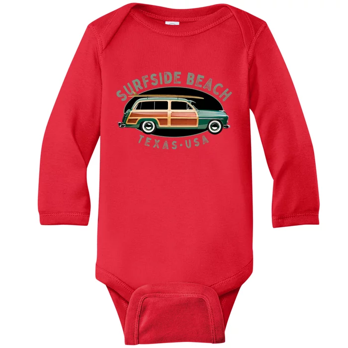 Surfside Beach Texas Vintage Surfing Design Baby Long Sleeve Bodysuit